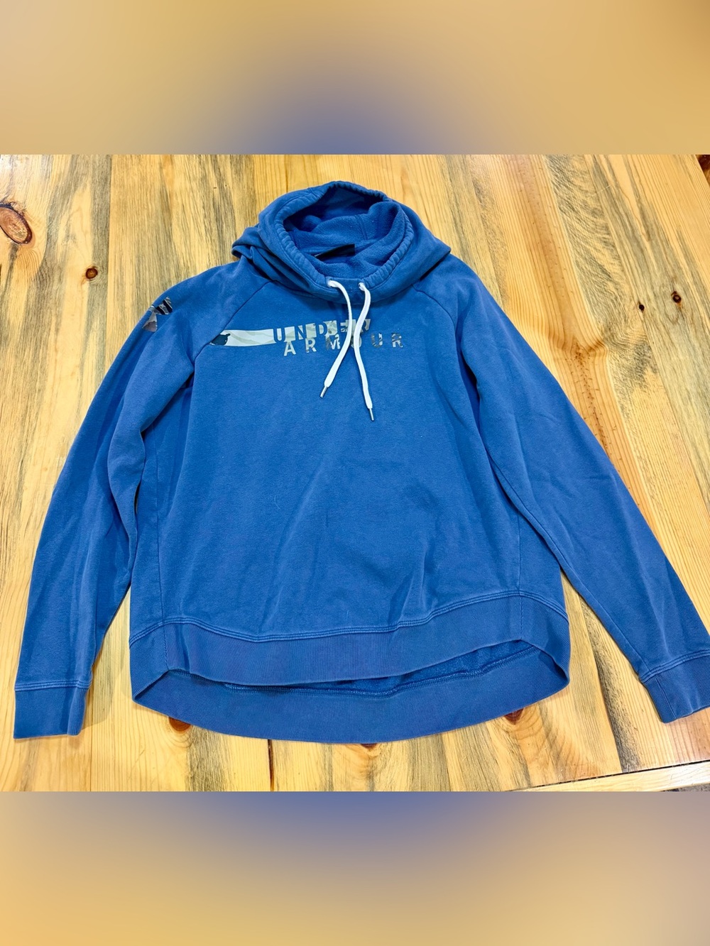 Under Armour Blue Pullover Hoodie with White Drawstrings Camo Letters